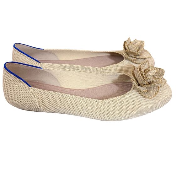 Rothy’s The Petal Square Toe Flats Metallic Beige Gold Womens Sz 9.5 Flower - Picture 7 of 11